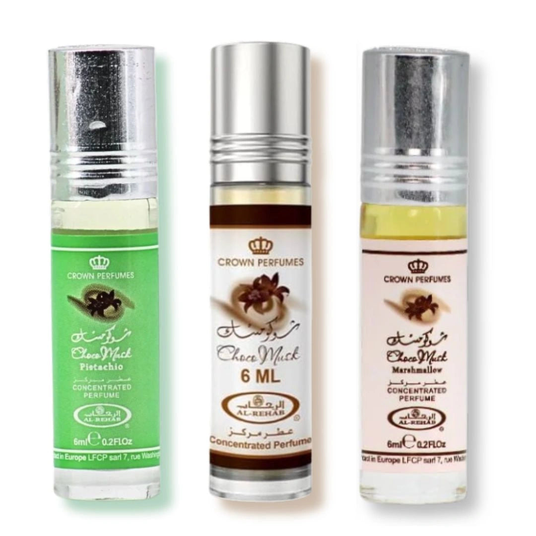 Al Rehab Choco Musk Original, Choco Musk Marshmallow & Choco Musk Pistachio 6ML Roll-On Perfume Oils | Your Ultimate Trio of Decadent Dessert Perfumes