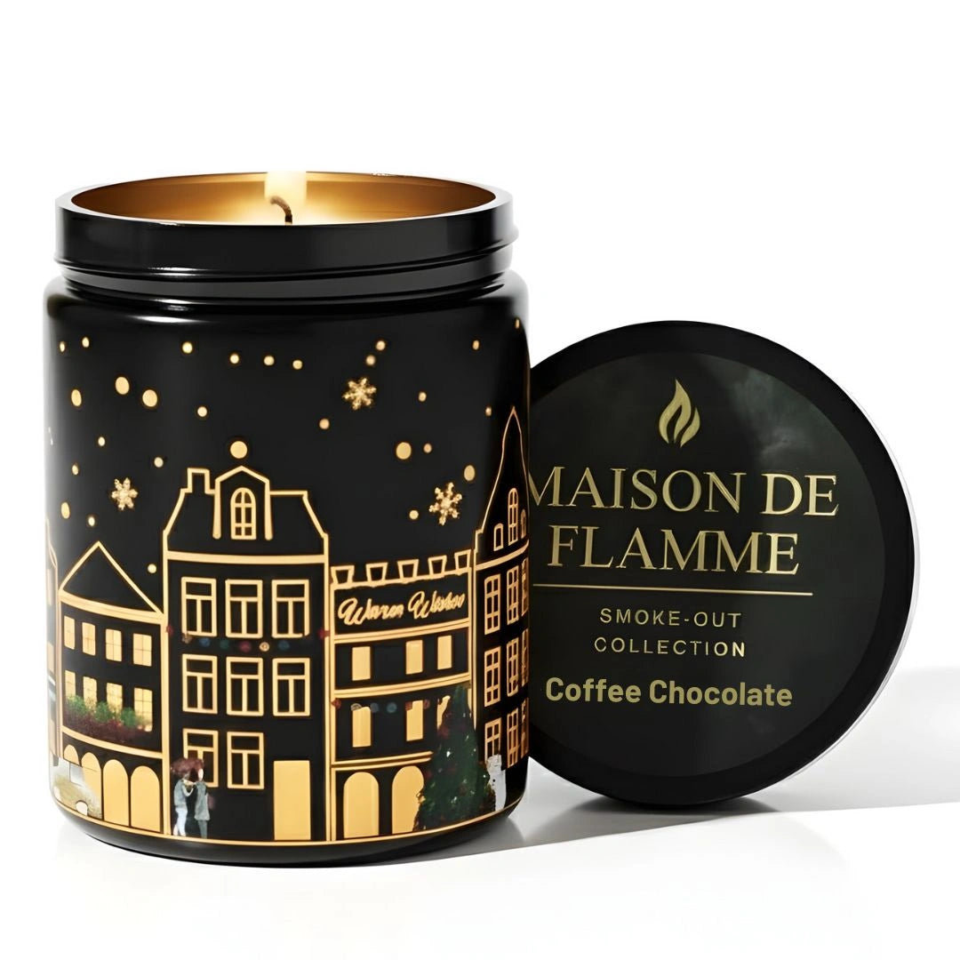 Maison de Flamme Coffee Chocolate light-up scented candle in black jar with winter village artwork and gold lid – Smoke-Out Collection, available at Shopeezy.