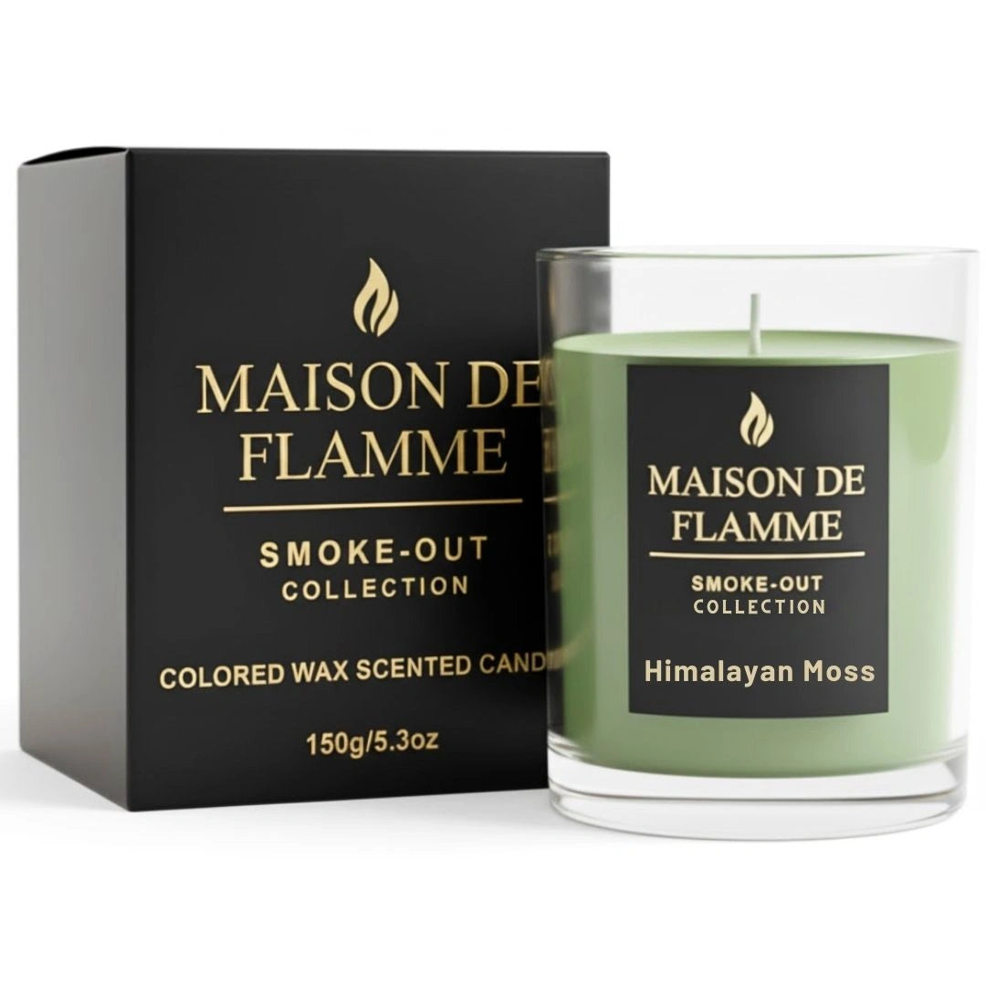 Maison De Flamme Himalayan Moss scented candle with luxury black box on white background.