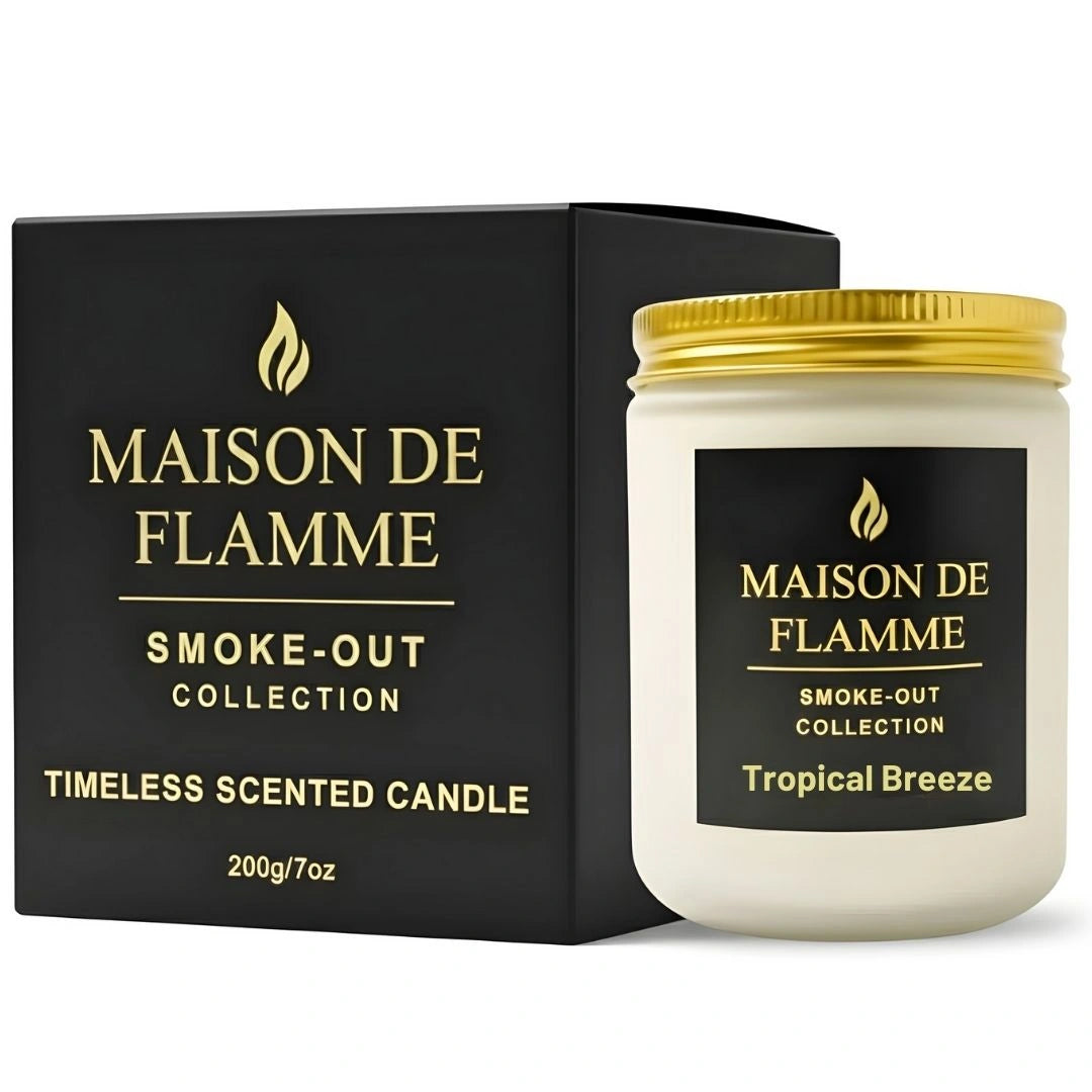 Maison De Flamme Tropical Breeze scented candle in white jar with luxury black box — fresh tropical citrus and pineapple soy wax candle from the Smoke-Out Collection.