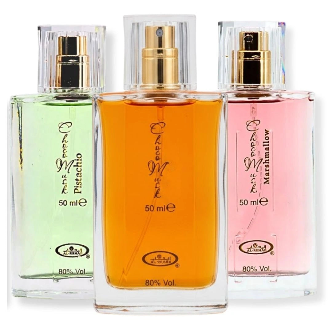 Choco Musk perfume collection featuring pistachio green, classic amber, and marshmallow pink bottles displayed together, Arabian gourmand fragrances with sweet chocolate and vanilla notes - Shopeezy