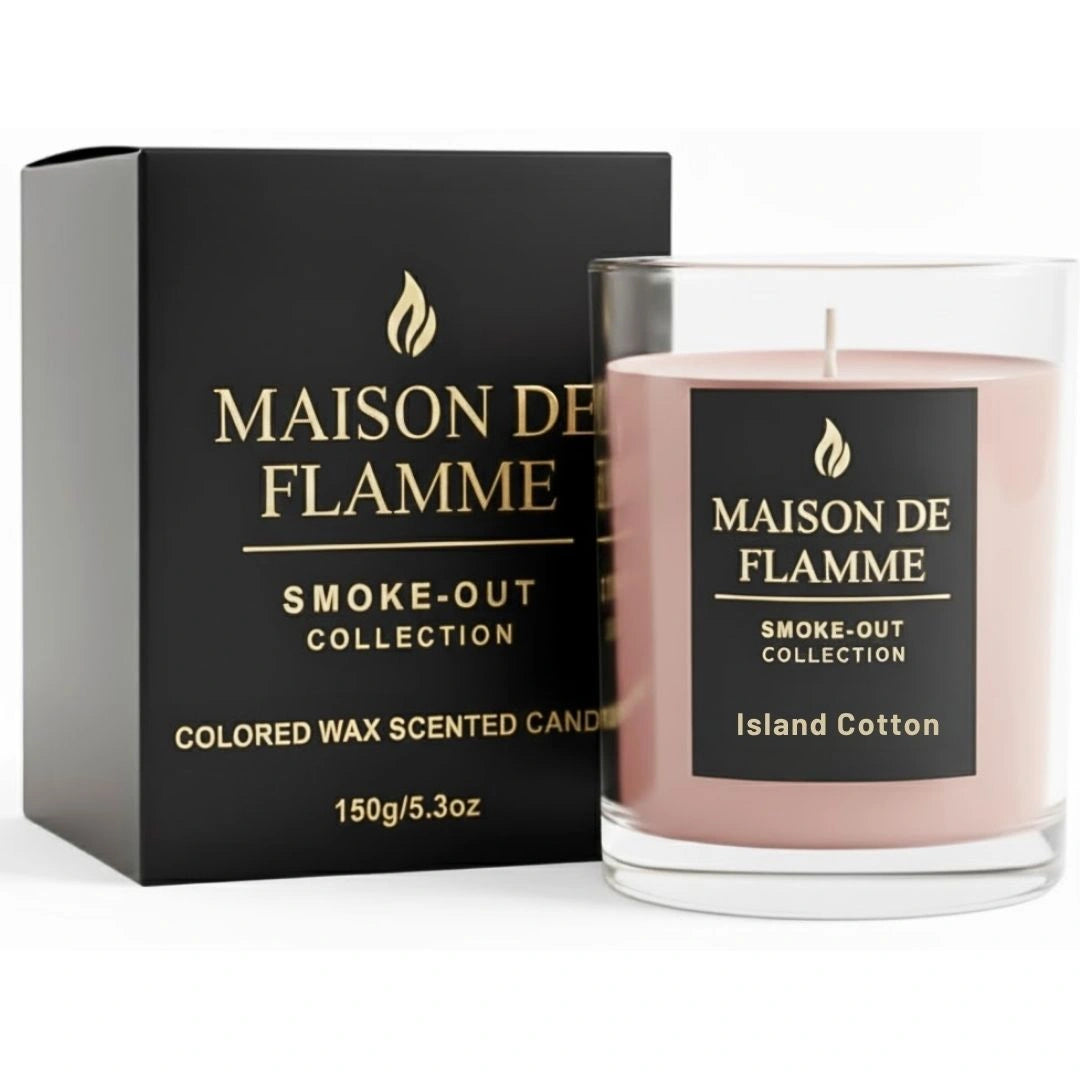 Maison De Flamme Island Cotton scented candle with luxury black box on clean white background