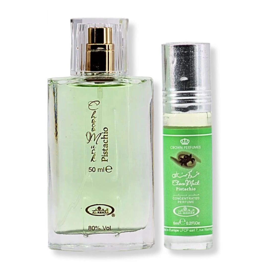 Al Rehab Choco Musk Pistachio perfume bundle featuring 50ml spray bottle and 6ml roll-on oil with sweet chocolate pistachio gourmand scent - Shopeezy