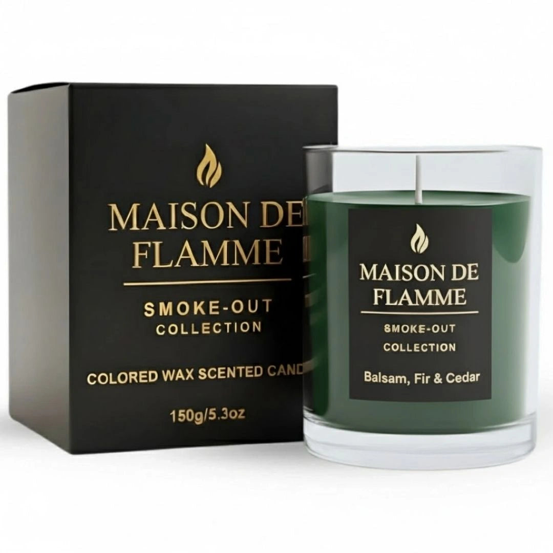 Maison De Flamme Balsam, Fir & Cedar scented candle with luxury black box on white background.
