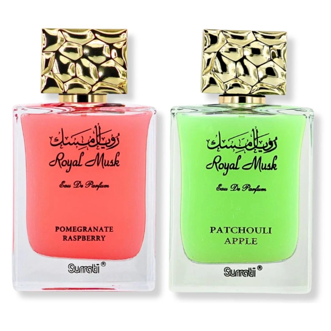 Royal Musk perfume bundle featuring Pomegranate Raspberry and Patchouli Apple fragrances in luxury glass bottles with gold caps - Shopeezy