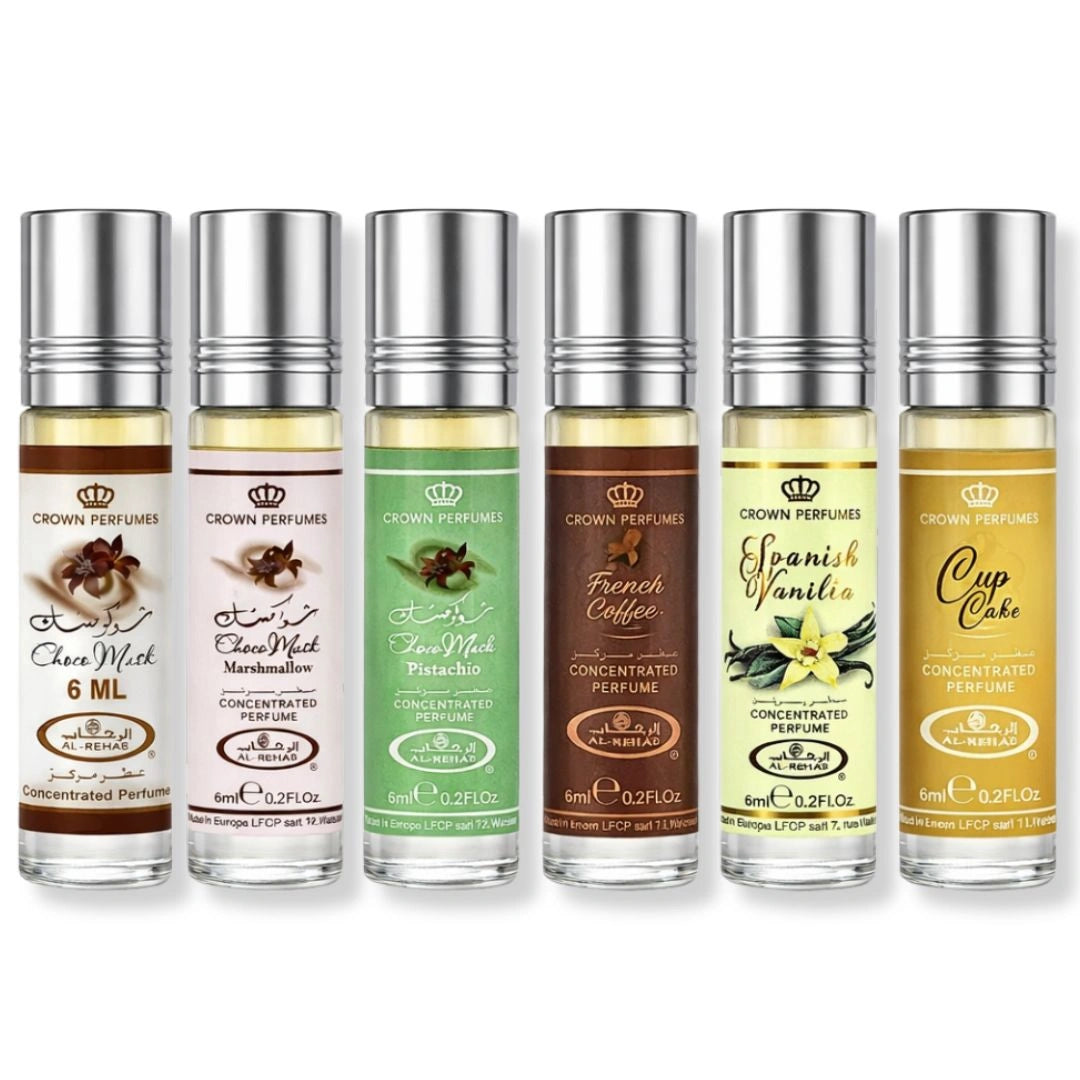 Al Rehab gourmand perfume oil discovery pack featuring six 6ml roll-on fragrances including chocolate, vanilla, coffee, pistachio and cupcake scents - Shopeezy