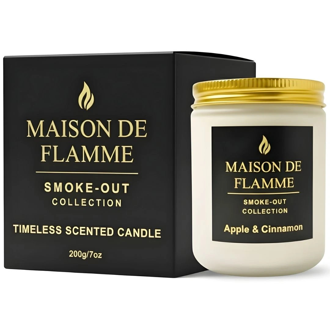 Maison De Flamme Apple & Cinnamon scented candle with black luxury box — premium soy wax candle from the Smoke-Out Collection.