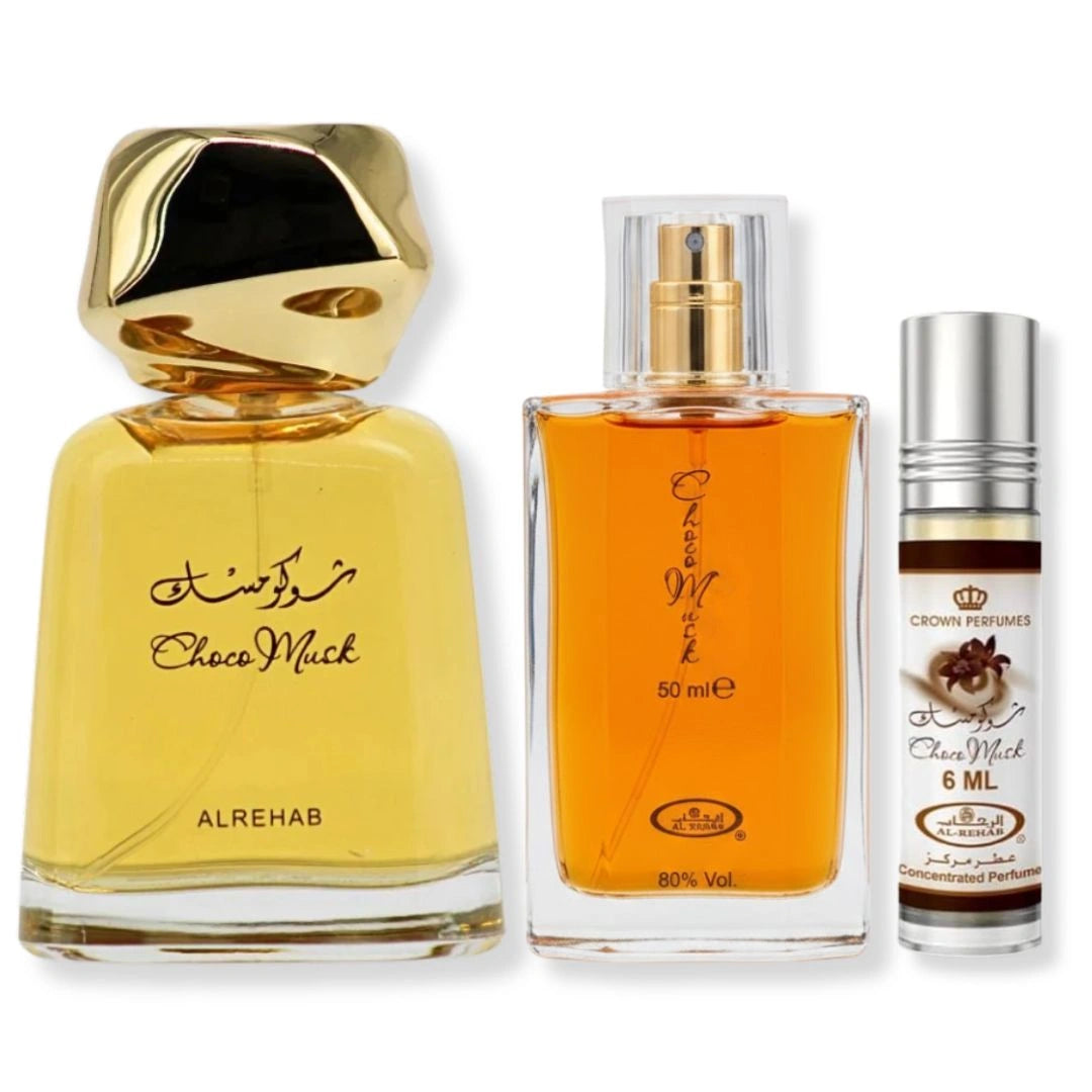 Choco Musk perfume set by Al-Rehab featuring full-size bottle, 50ml spray, and 6ml roll-on oil, Arabian gourmand fragrance with chocolate and vanilla notes - Shopeezy