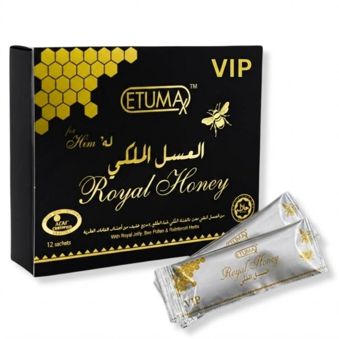 Etumax Royal Honey premium honey sachet with black and gold box, luxury single-serve honey packaging displayed - Shopeezy