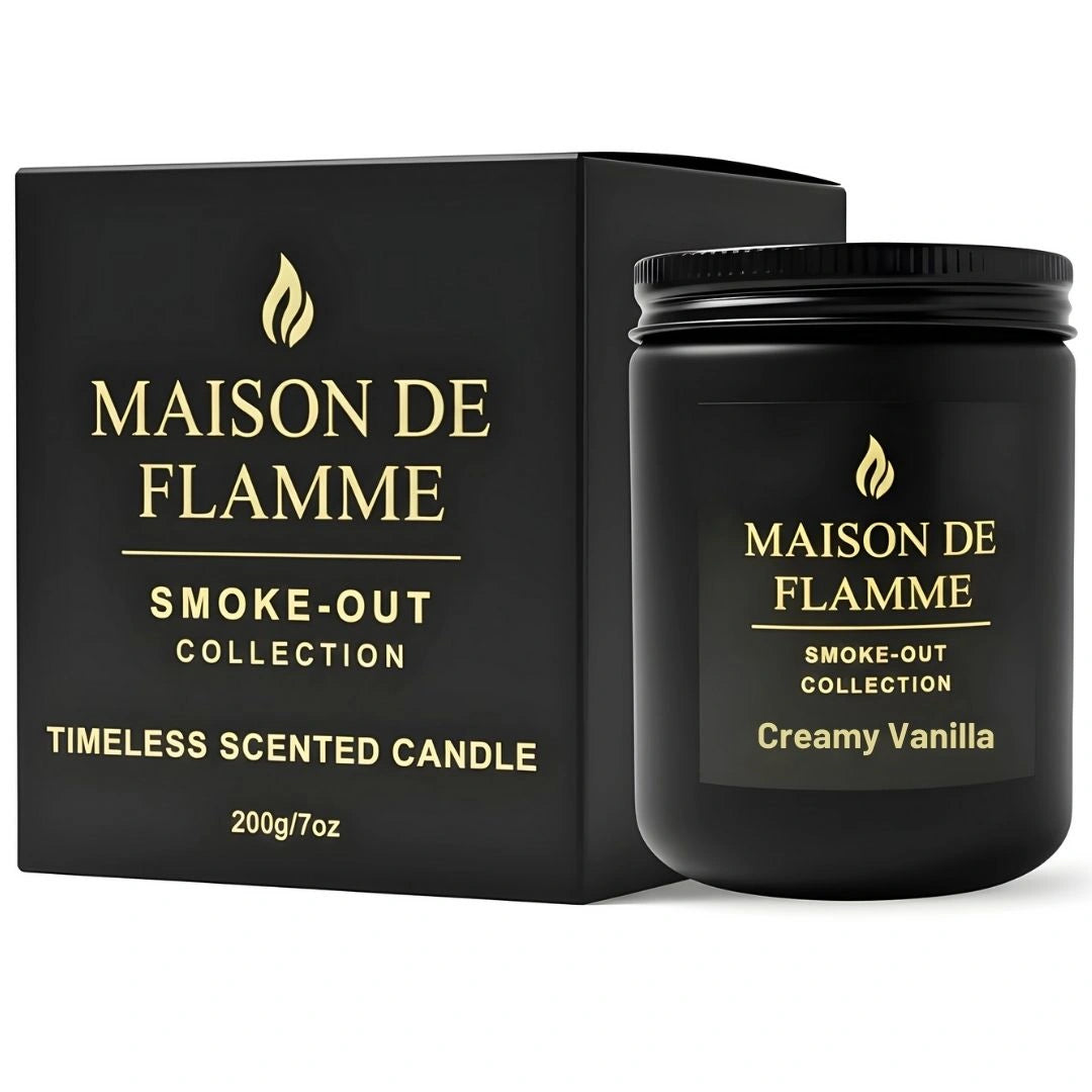 Maison De Flamme Creamy Vanilla scented candle in matte black jar with luxury black box — warm vanilla and caramel soy wax candle from the Smoke-Out Collection.
