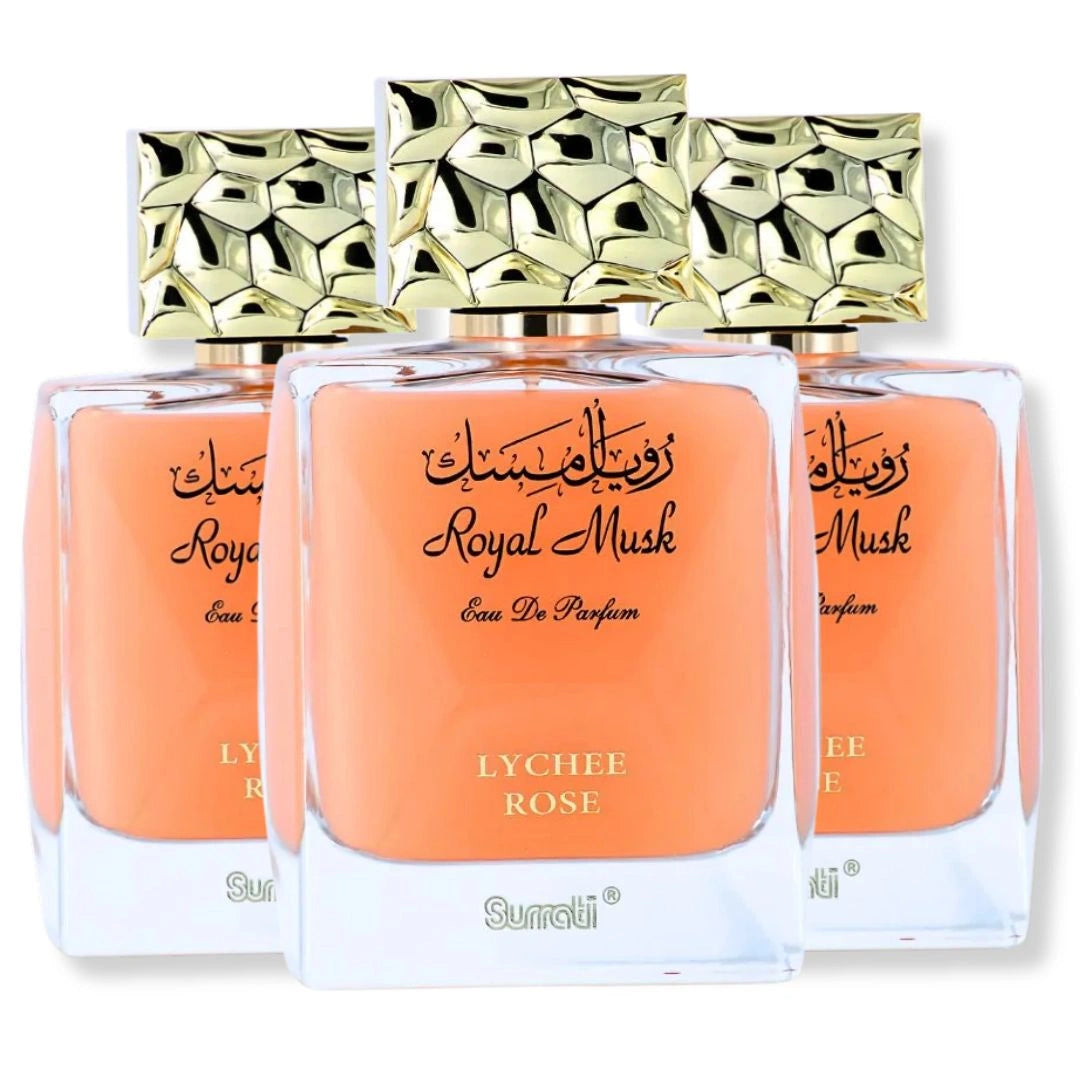 Royal Musk Lychee Rose perfume pack of 3 by Surrati, luxury unisex Arabian eau de parfum with fruity lychee and soft rose scent  - Shopeezy