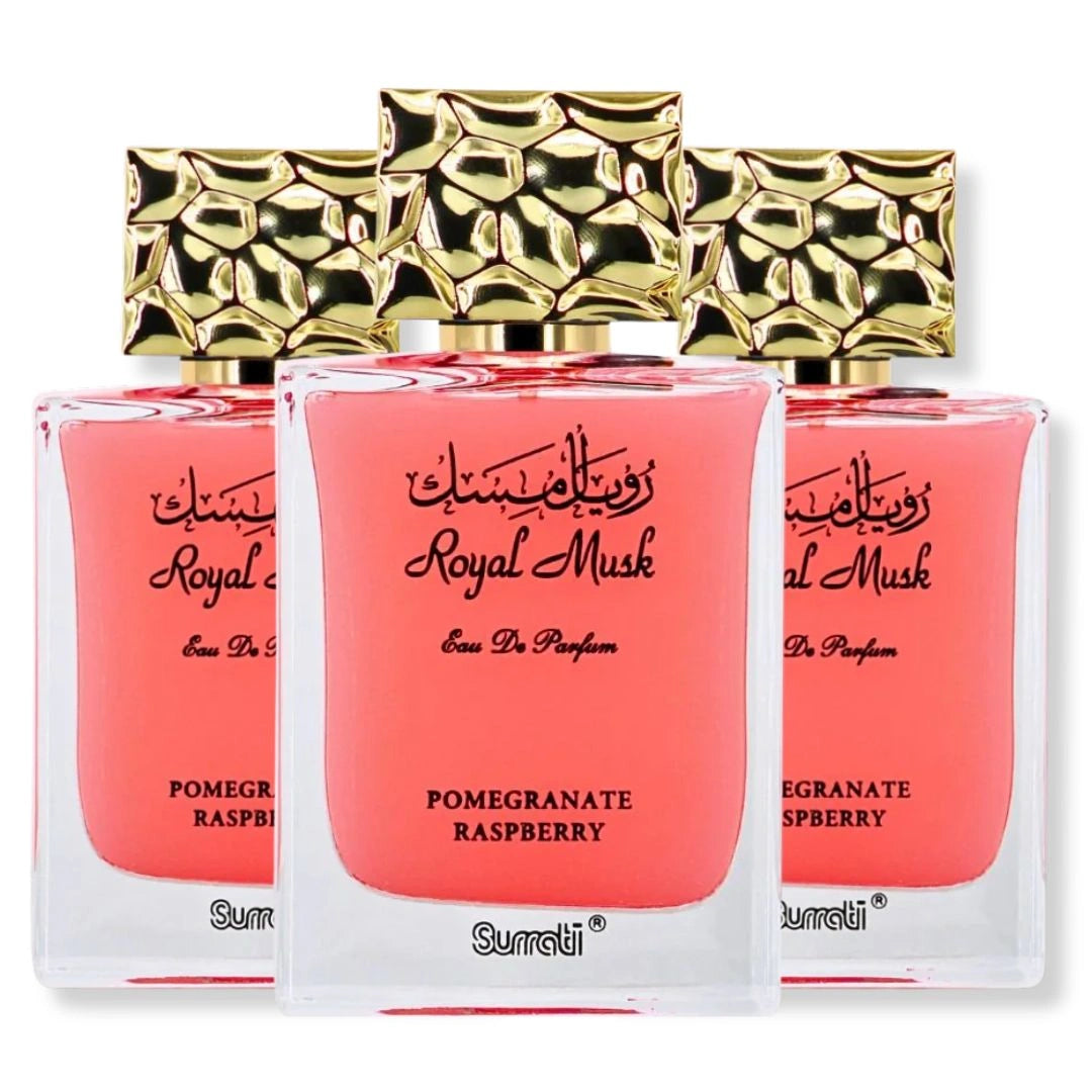 Royal Musk Pomegranate Raspberry perfume pack of 3 by Surrati, luxury unisex eau de parfum bottles with gold caps, fruity musky Arabian fragrance - Shopeezy