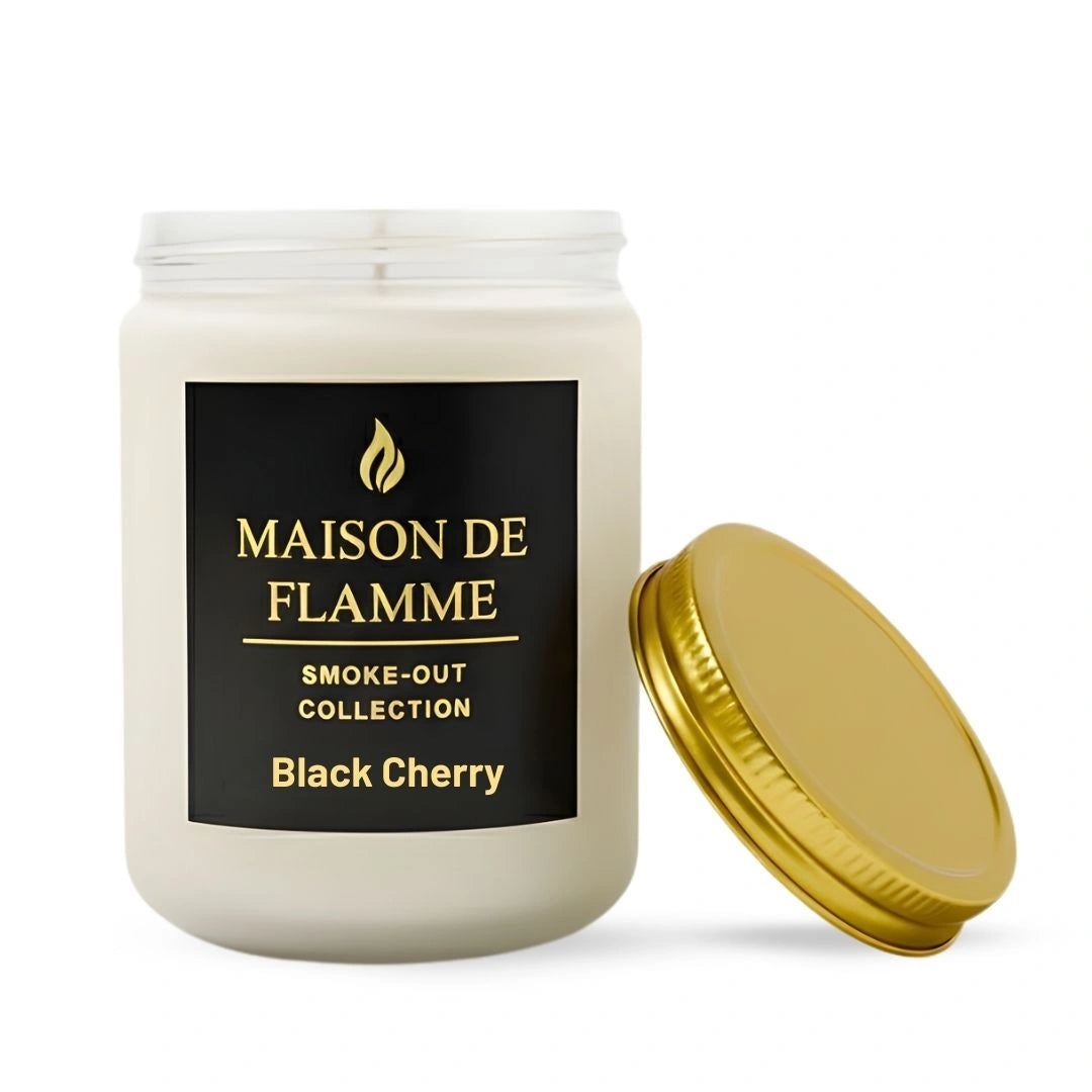 Maison De Flamme Black Cherry candle in white jar with gold lid — sweet bold black cherry aroma candle.