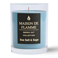 Thumbnail for Sea Salt & Sage candle in ocean-blue wax with clear glass jar by Maison De Flamme, studio close-up