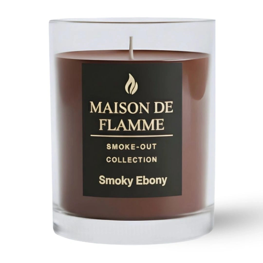 Smoky Ebony candle in deep brown wax with clear glass jar by Maison De Flamme, studio close-up.