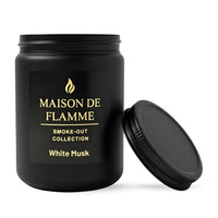 Thumbnail for Maison De Flamme White Musk candle in black jar with matching black lid — premium clean musk and powdery aroma candle.