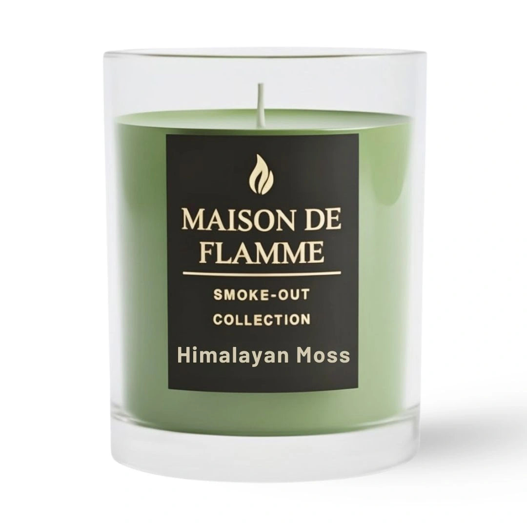 Himalayan Moss candle in green glass jar by Maison De Flamme, clean studio close-up