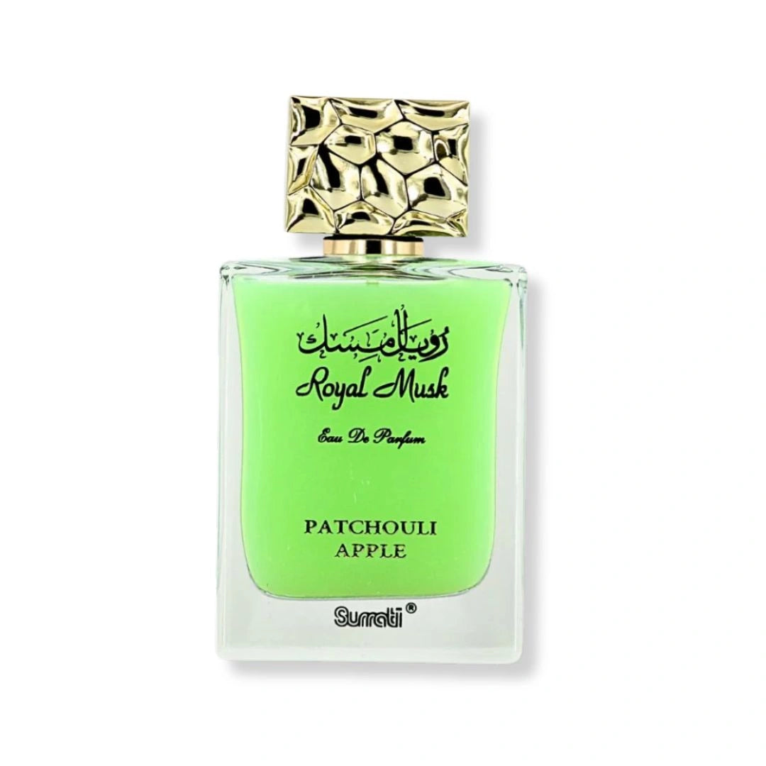 Royal Musk Patchouli Apple perfume by Surrati, unisex Arabian fragrance bottle with gold cap and green glass - Shopeezy