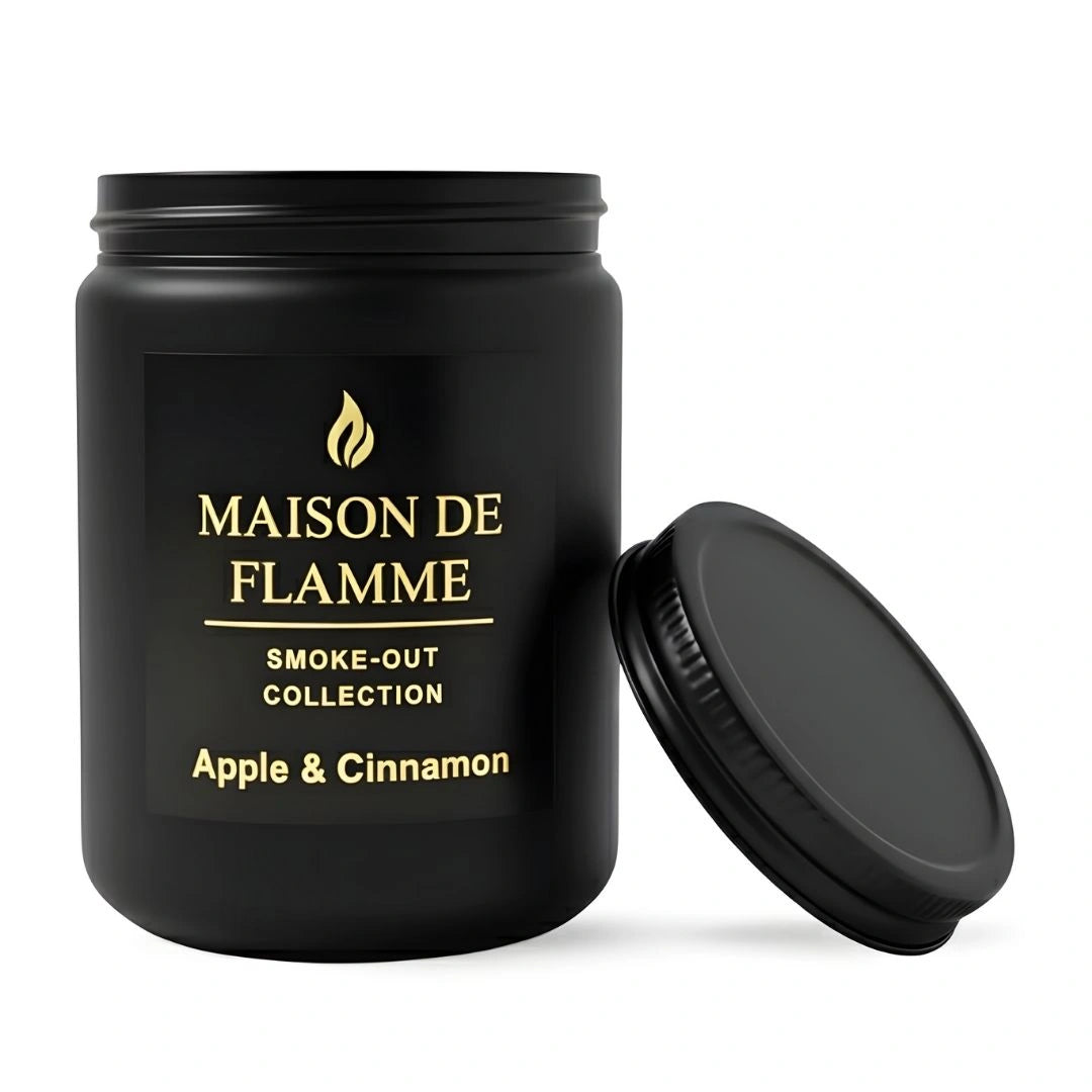 Maison De Flamme Apple & Cinnamon candle in black jar with matching black lid — rich apple and cinnamon aroma candle.