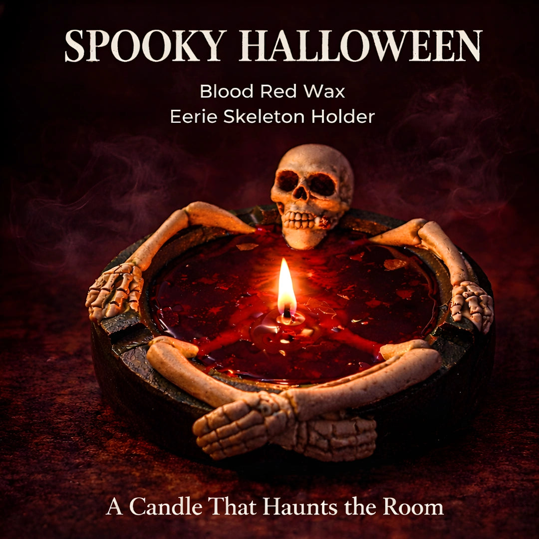 Spooky Halloween skeleton candle with glowing red wax in gothic setting, dramatic burgundy lighting and eerie atmosphere, luxury Halloween decor by Maison De Flamme