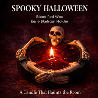 Thumbnail for Spooky Halloween skeleton candle with glowing red wax in gothic setting, dramatic burgundy lighting and eerie atmosphere, luxury Halloween decor by Maison De Flamme