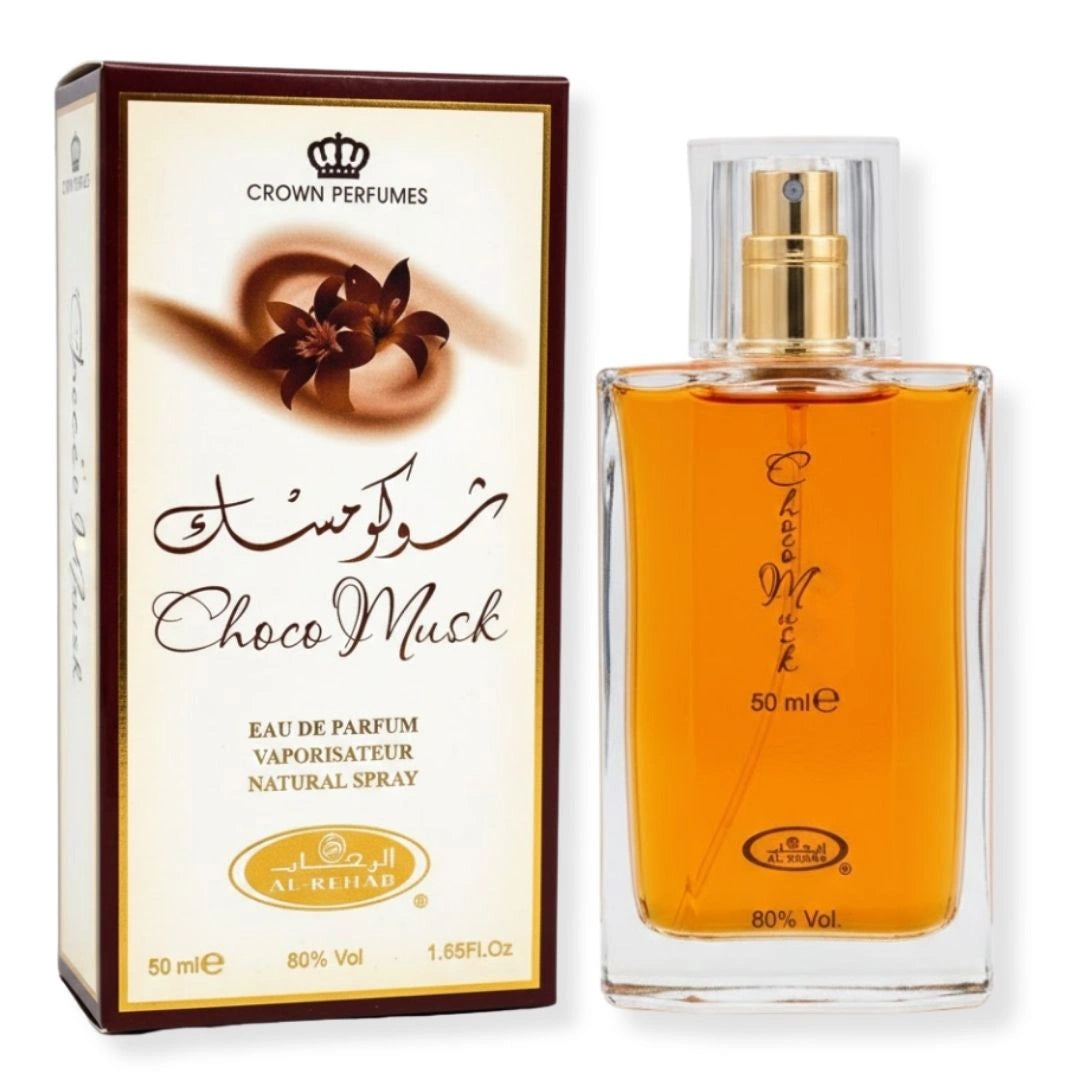 Choco Musk Eau de Parfum amber bottle with original packaging, warm chocolate vanilla gourmand fragrance by Al-Rehab on clean white background - Shopeezy