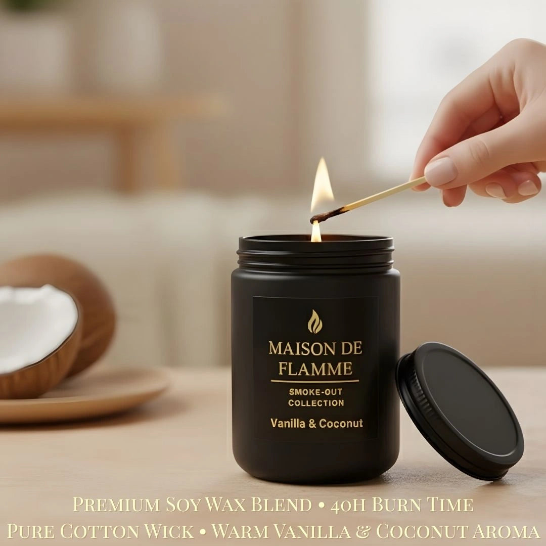 Hand lighting the black Maison De Flamme Vanilla & Coconut candle — warm cozy vanilla coconut home fragrance.