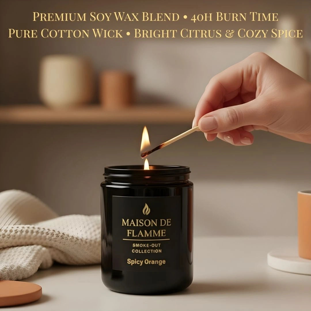 Hand lighting the black Maison De Flamme Spicy Orange candle on a modern table — citrus-spice home fragrance.