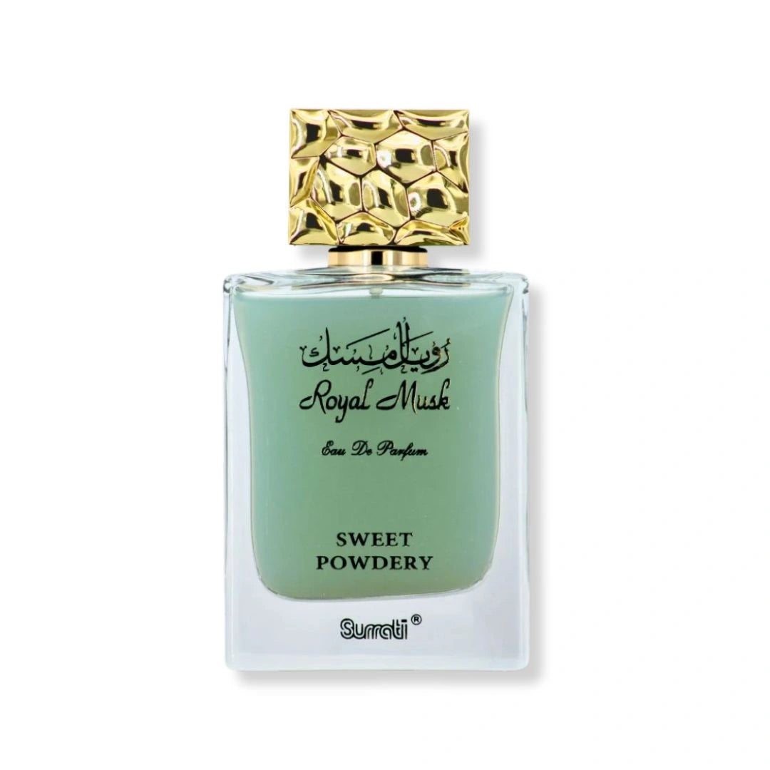 Royal Musk Sweet Powdery perfume by Surrati, unisex Arabian fragrance bottle with gold cap and pastel green glass - Shopeezy