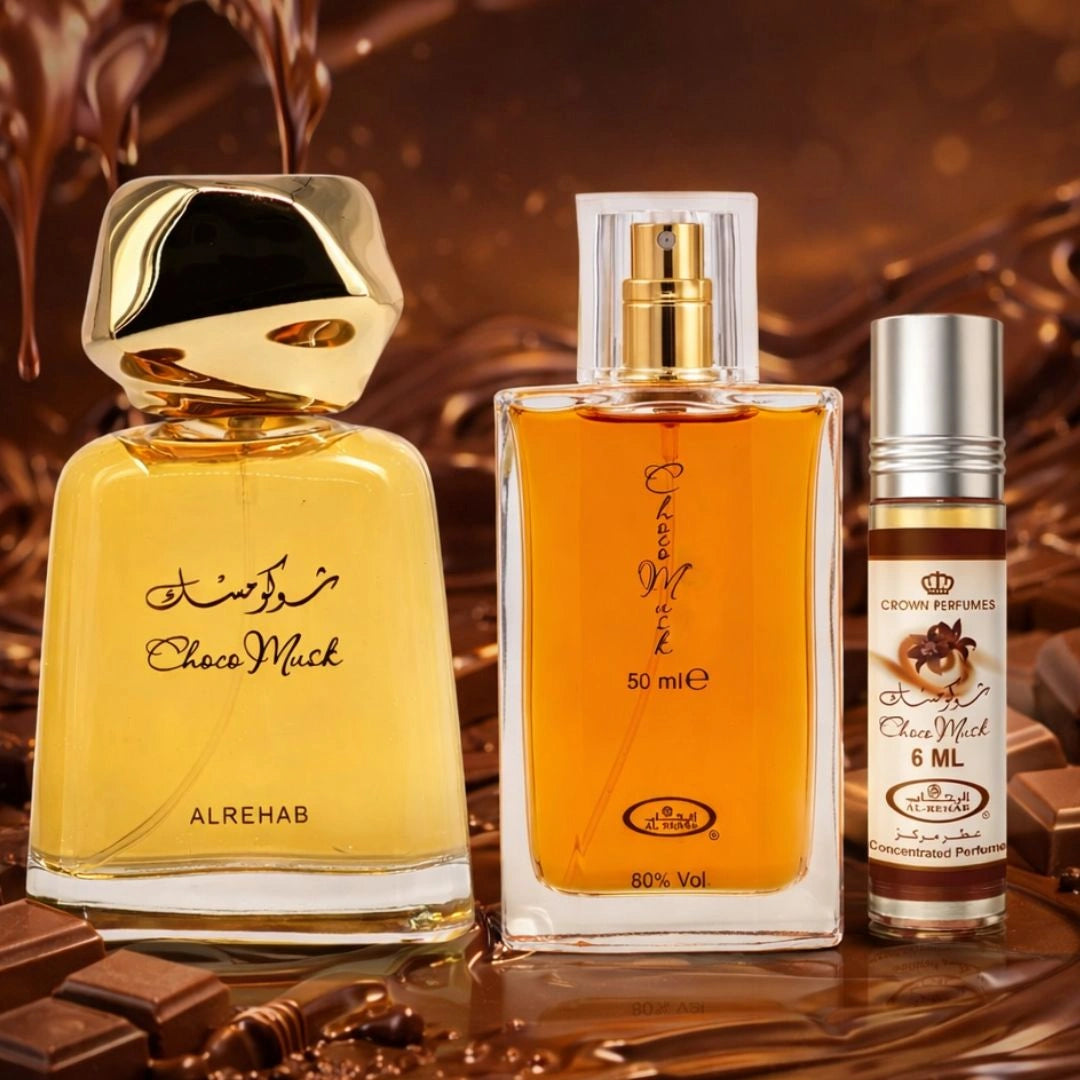 Choco Musk perfume collection displayed together with bottle, spray, and roll-on oil, indulgent chocolate vanilla gourmand fragrance by Al-Rehab - Shopeezy