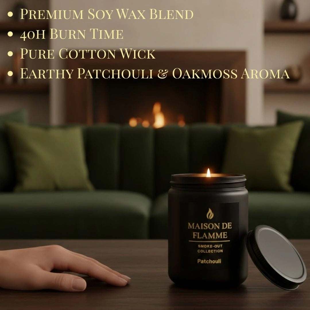 Hand reaching for the black Patchouli scented candle — earthy, grounding patchouli home fragrance