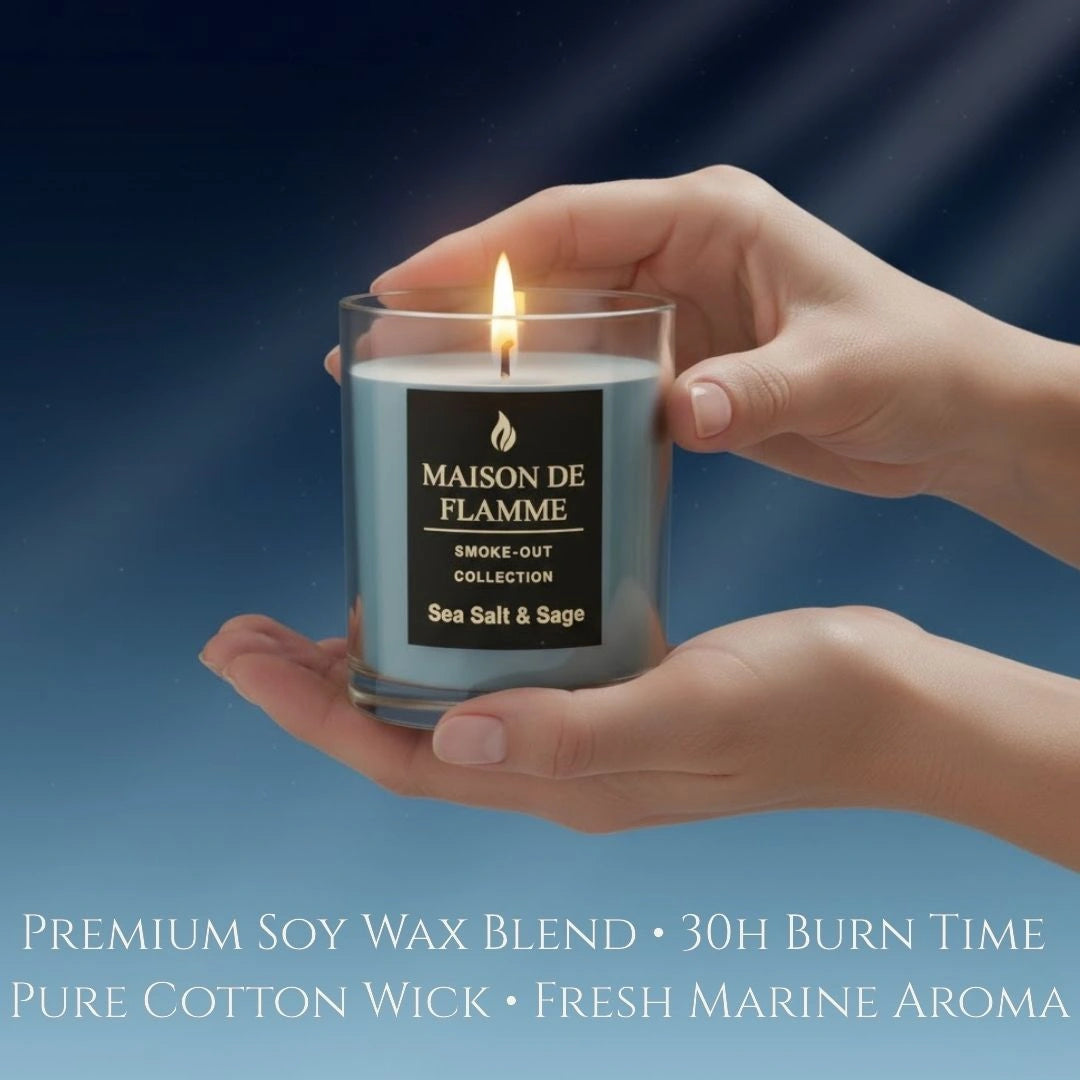 Sea Salt & Sage candle held in hands against dark blue backdrop, fresh clean marine aroma vibe.