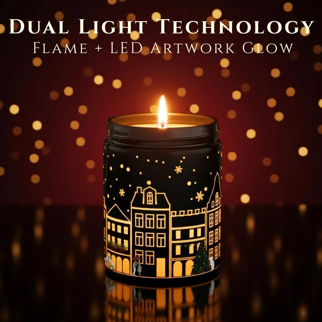 Dual Light Technology showing real flame and LED artwork glow on a Black Jar. Black Cherry candle – winter village design illuminated, available at Shopeezy.