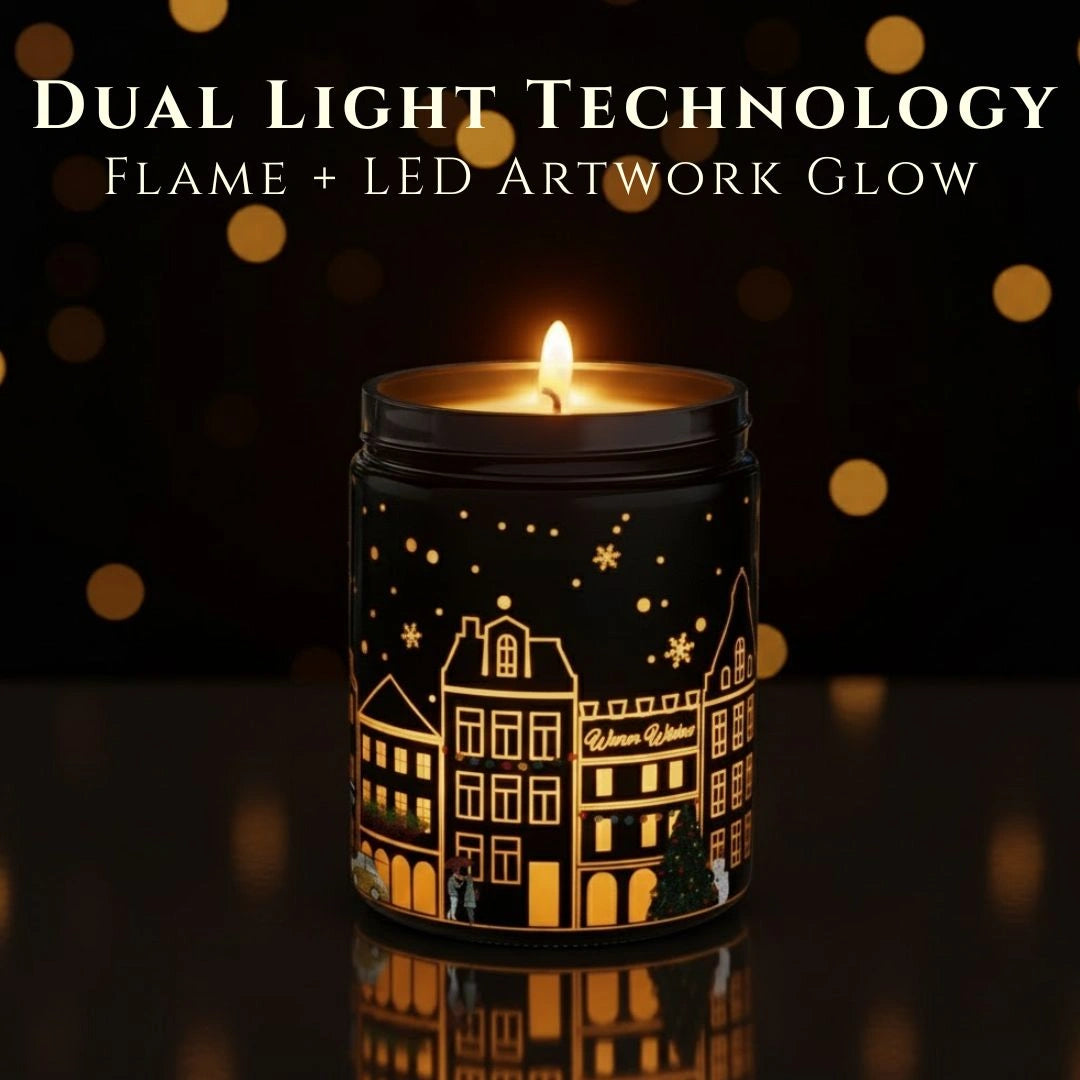 Dual Light Technology showing flame and LED artwork glow on Coffee Chocolate candle in a black jar  – illuminated winter village design, available at Shopeezy.