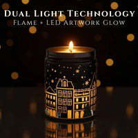 Thumbnail for Dual Light Technology showing flame and LED artwork glow on Coffee Chocolate candle in a black jar  – illuminated winter village design, available at Shopeezy.