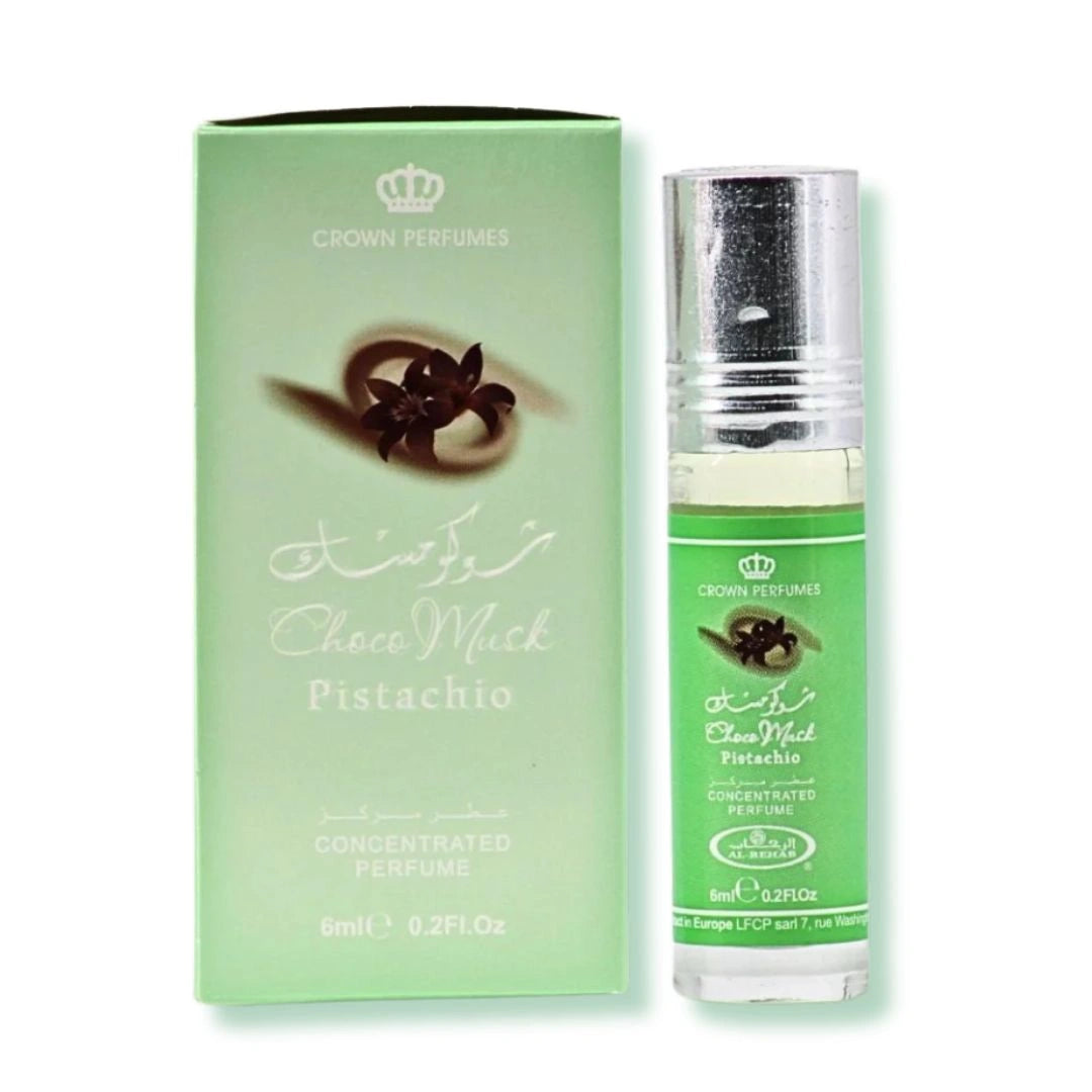 Al Rehab Choco Musk Pistachio roll-on perfume oil 6ml shown with original packaging, sweet nutty chocolate fragrance - Shopeezy
