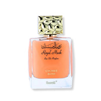 Thumbnail for Royal Musk Lychee Rose perfume by Surrati, unisex Arabian fragrance bottle with gold cap and peach glass  - Shopeezy