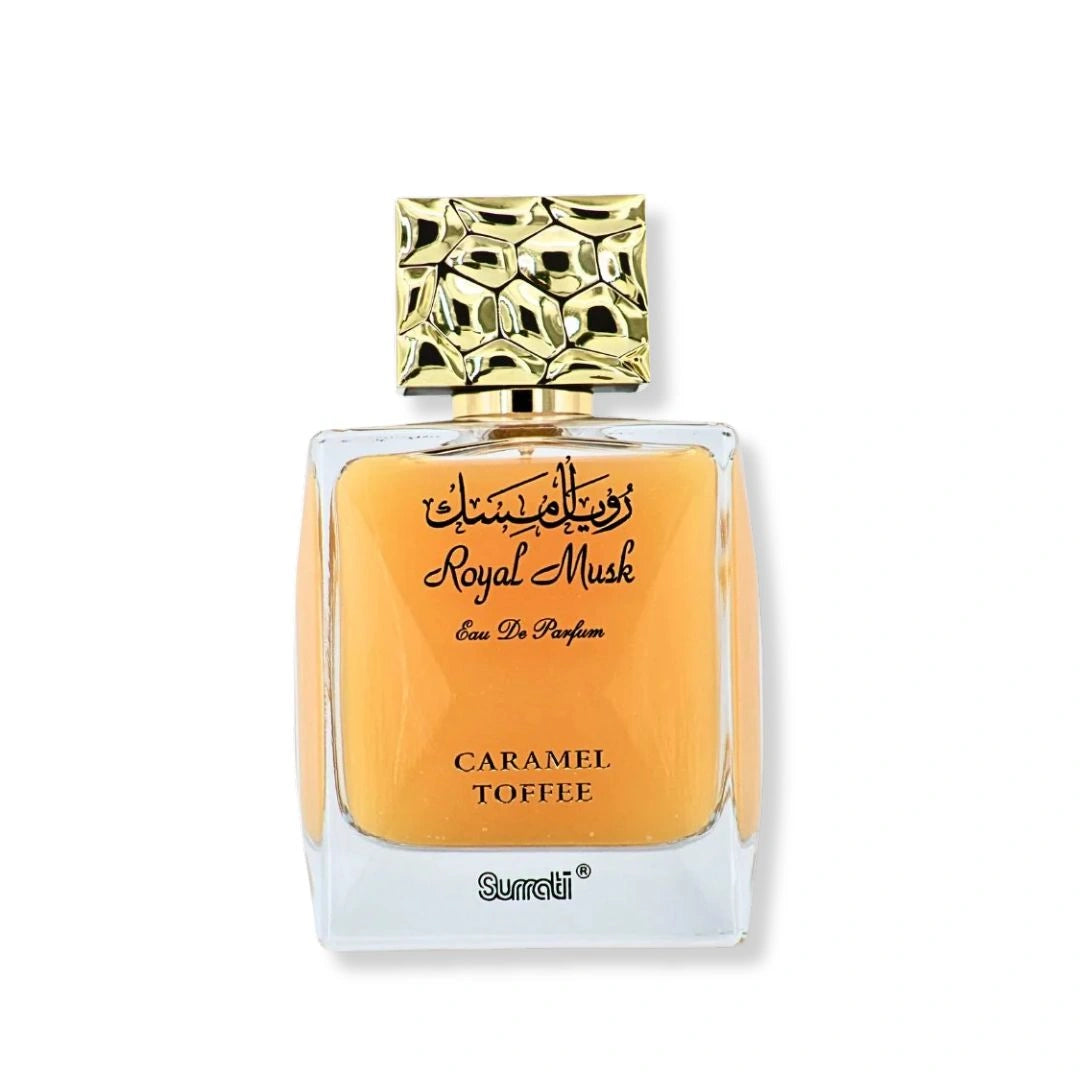 Royal Musk Caramel Toffee perfume by Surrati, unisex Arabian fragrance bottle with gold cap and amber glass - Shopeezy