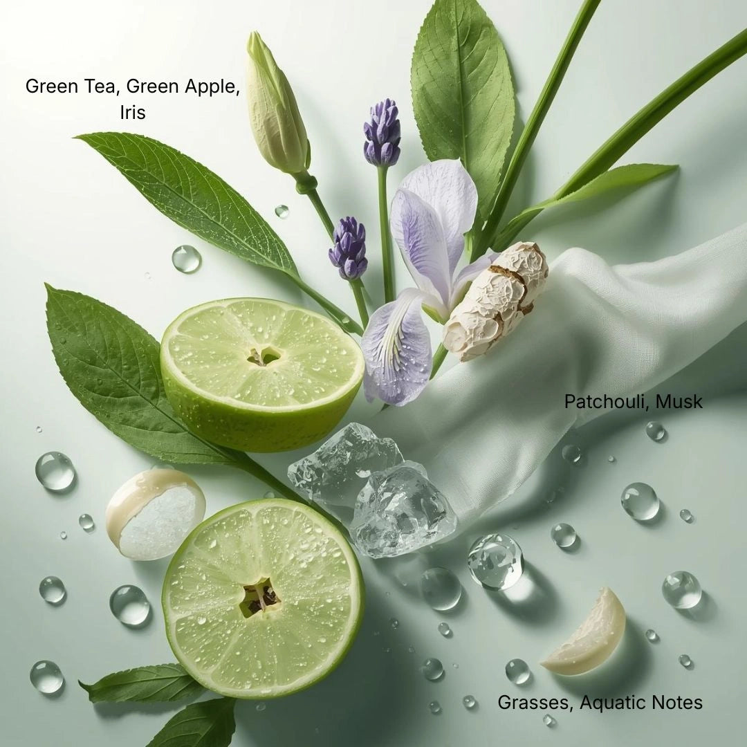 Royal Musk Patchouli Apple fragrance notes featuring green apple, patchouli and fresh botanicals, luxury perfume flatlay - Shopeezy