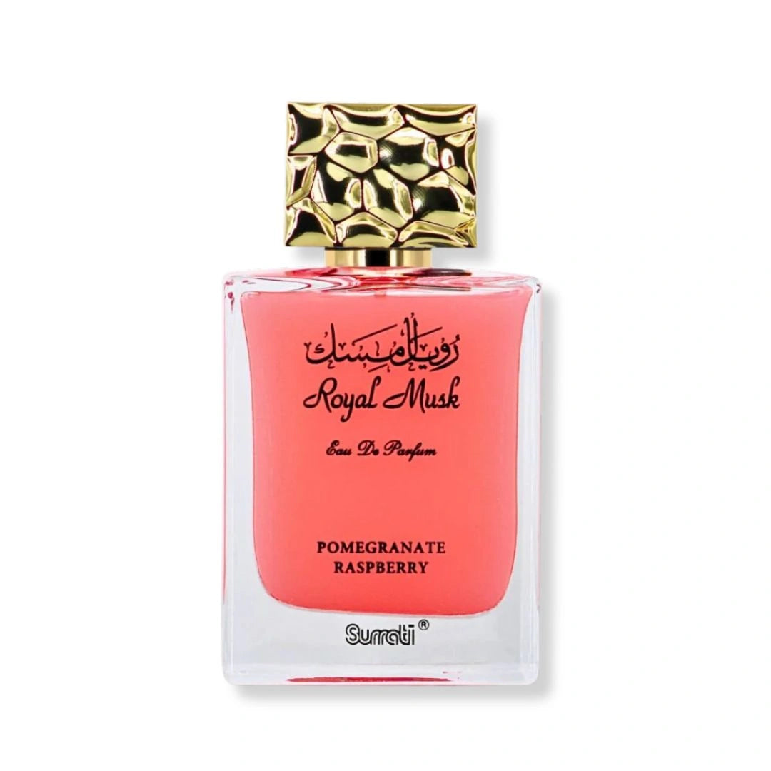 Royal Musk Pomegranate Raspberry perfume by Surrati, unisex Arabian fragrance bottle with gold cap and pink glass - Shopeezy