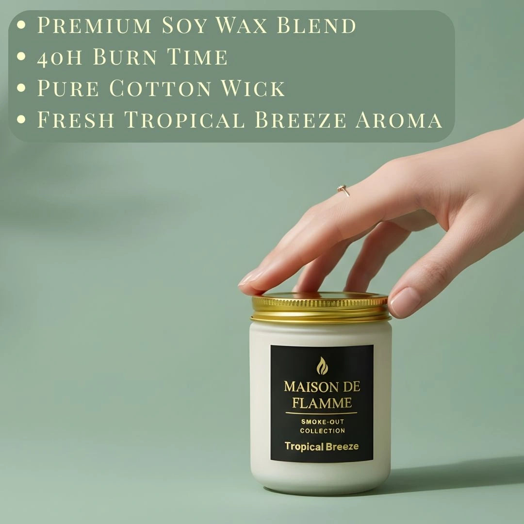 Hand opening the Maison De Flamme Tropical Breeze white jar candle — clean tropical citrus home fragrance.