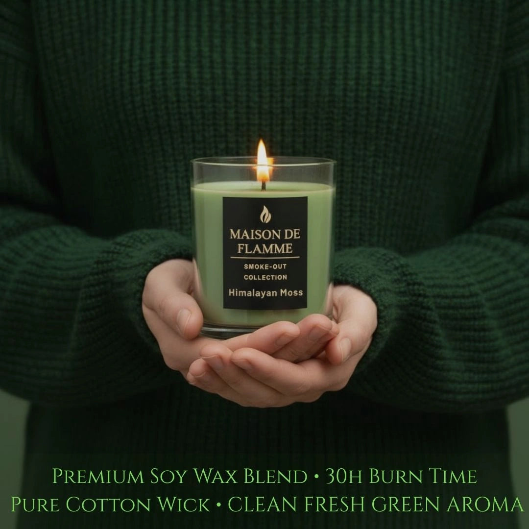 Luxury Himalayan Moss candle held in hands with warm sweater, clean fresh green aroma vibe.