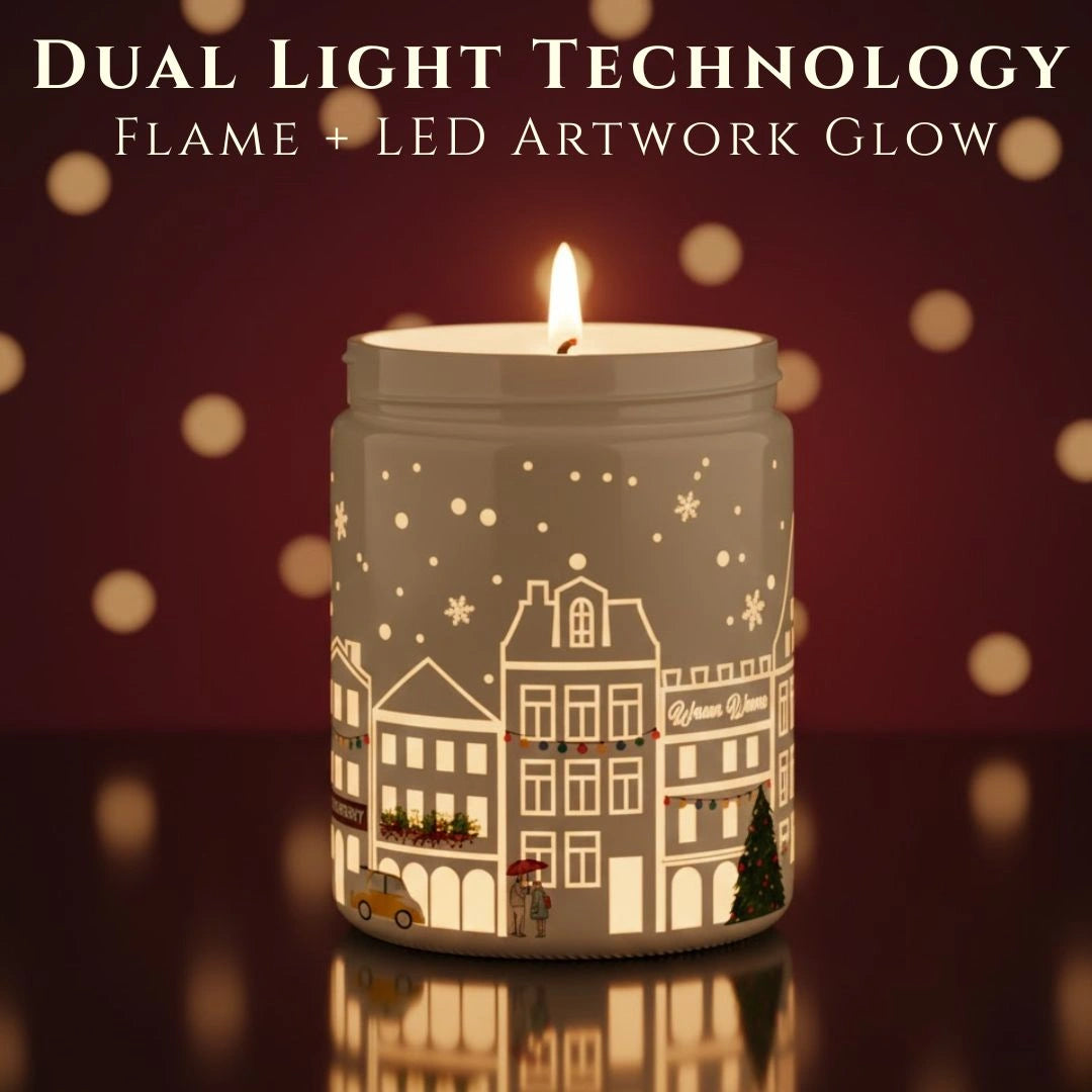 Dual Light Technology showing real flame and LED artwork glow on Black Cherry candle – winter village design illuminated, available at Shopeezy.