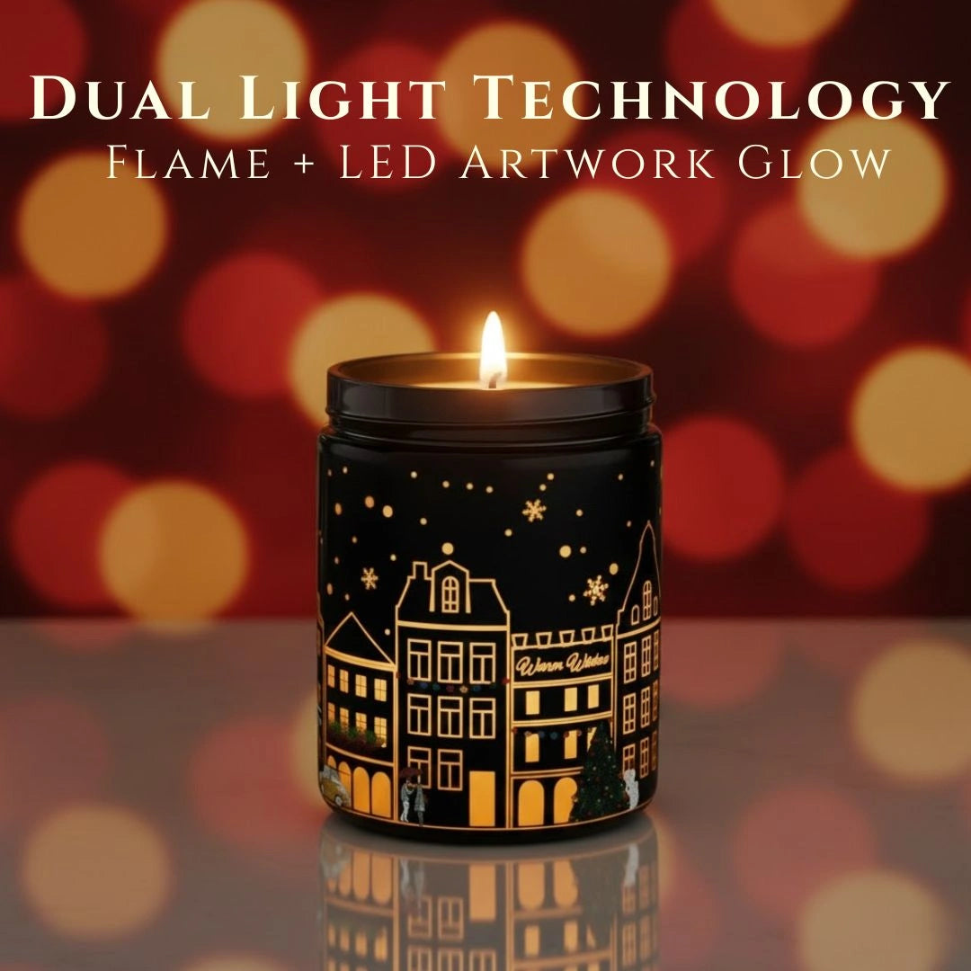 Dual Light Technology showing real flame and LED artwork glow on Apple & Cinnamon candle in a black jar – illuminated winter village design, available at Shopeezy