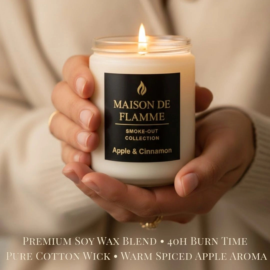 Hand lighting the Maison De Flamme Apple & Cinnamon scented candle — cozy fall and holiday aroma candle.
