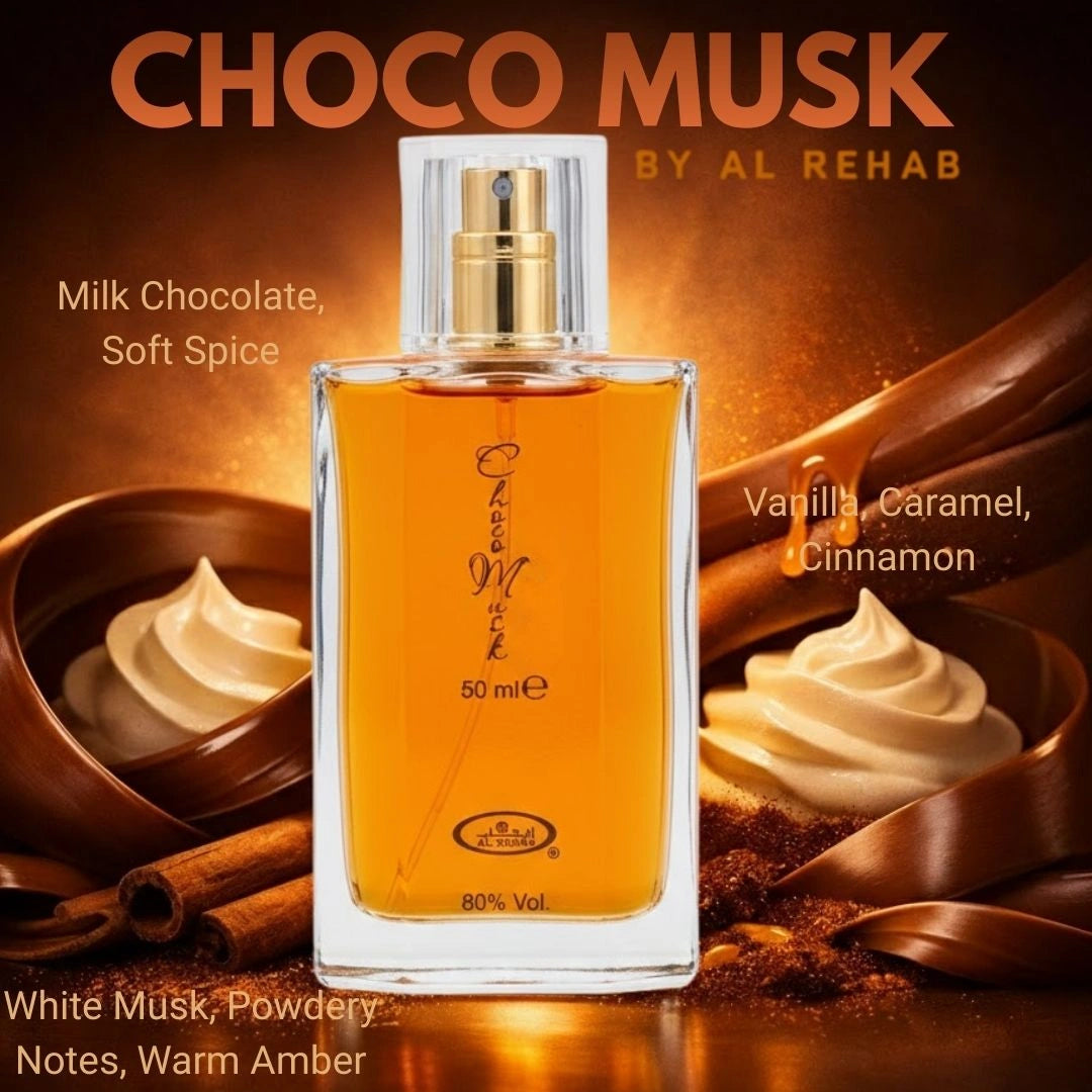 Choco Musk Eau de Parfum amber bottle surrounded by melted chocolate and cocoa elements, rich gourmand fragrance with milk chocolate, vanilla, and caramel notes - Shopeezy