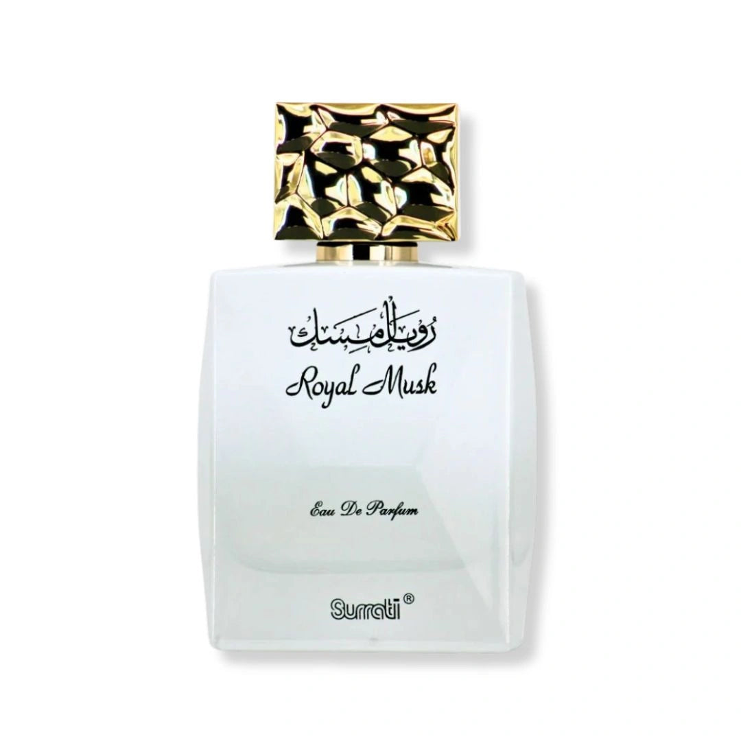 Royal Musk White Musk perfume by Surrati, unisex Arabian fragrance bottle with gold cap and white glass - Shopeezy