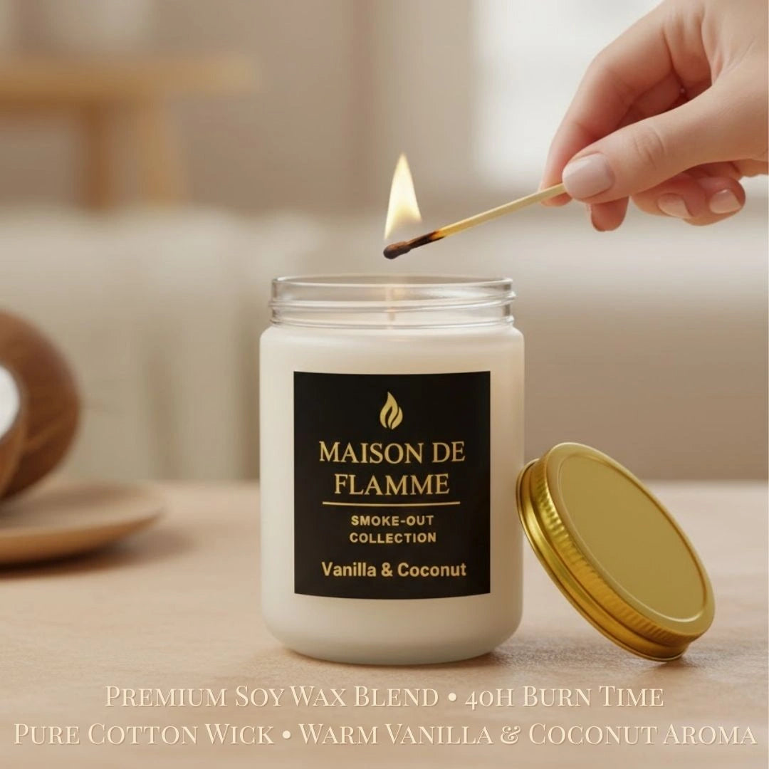 A hand gently lighting the Maison De Flamme Vanilla & Coconut candle on a cozy table setting with warm, soft lighting