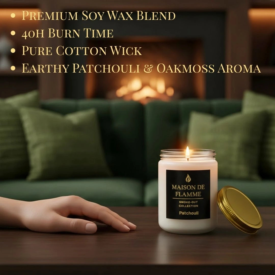 Hand reaching for white Patchouli scented candle on a warm-toned table — grounding earthy patchouli home fragrance.