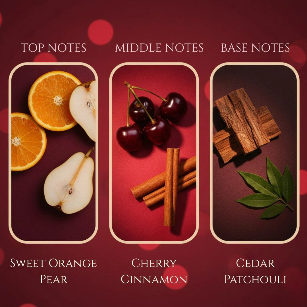 Black Cherry candle fragrance notes panel – sweet orange, pear, cherry, cinnamon, cedar, patchouli, available at Shopeezy.